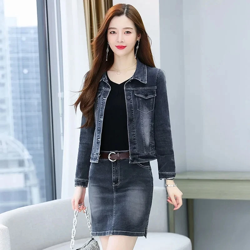 Black Denim Skirts Setss For Women's NEW Spring Summer Korean Slim Short Jeans Jacket + Denim Skirt Two-piece Suit Women Outfit