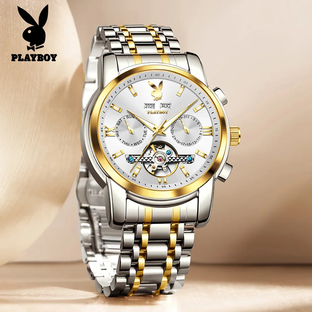 PLAYBOY 3140 Luxury Men's Watch Flywheel Mechanical Wristwatch Waterproof Business Casual Perpetual Calendar Male Watches Gifts