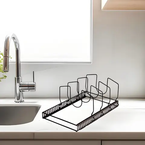 7-Slot Pot Lid Organizer Rack | Adjustable Cabinet & Countertop Storage | Natural Wood Bakeware Holder for Neat Kitchens