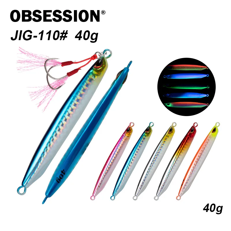 OBSESSION J110 40g Drag Metal Cast Super Slim Jigging Lure Luminous Fishing Jigs Bait Saltwater Sinking Fishing Metal Jig Lure