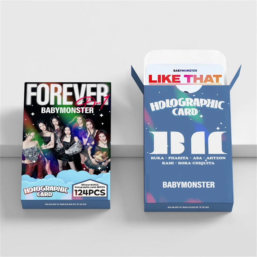 Kpop 124Pcs Babymonster Laser Card FOREVER Mini Sticker Double Side LOMO Card ASA RUKA Holographic Card PHARITA AHYEON Fans Gift