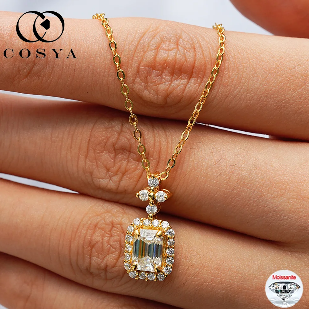 

COSYA 1CT Изумрудная огранка Муассанит Ожерелье S925 Стерлинговое серебро 14 К Позолоченные прямоугольные свадебные украшения