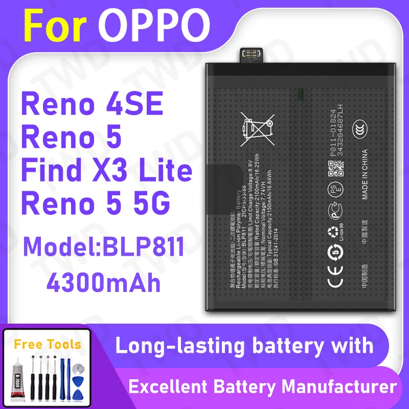 

100% New 4300mAh BLP811 Battery For OPPO Reno 4SE/Reno 5/Find X3 Lite Replacement Bateria+Free Tools