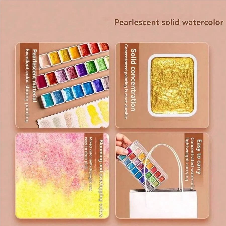 24 Farben Schimmerndes Aquarellfarben-Set, tragbar, leicht, hochpigmentiert, Sternentöne, ideal für Künstler, schönes Weihnachtsgeschenk – Detail 7