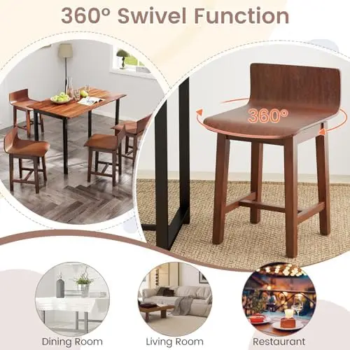 Swivel Solid Wood Dining Stools Set of 2, 19-inch Counter Height Chairs with Low Back, Footrest, Farmhouse Wooden view 4