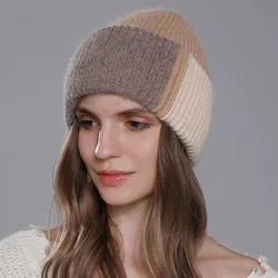 2024 Colored Women's Autumn/Winter Versatile Cute Pullover Rabbit Hair Thickened Warm Two tone Knitted Hat