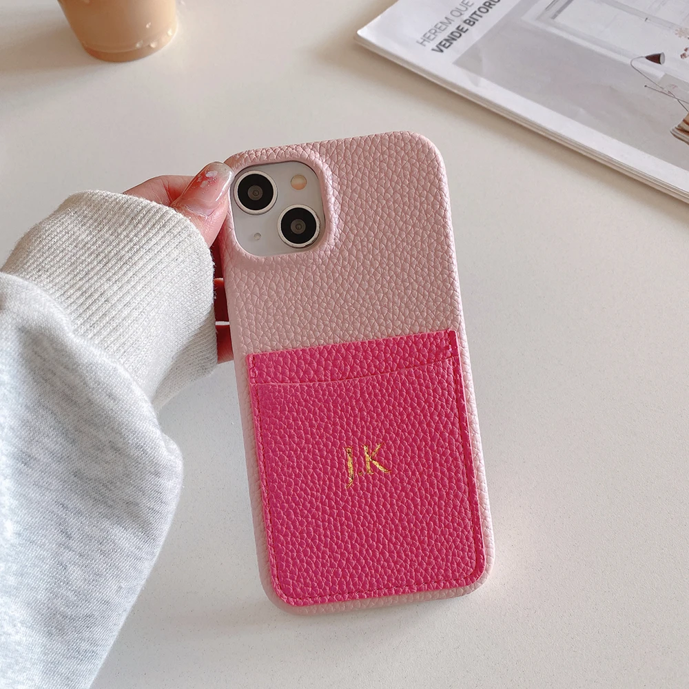 Personalized engraved name letter card holder leather Phone case for iPhone16 15 14 13 12 11 Pro Max Plus two-color Cover