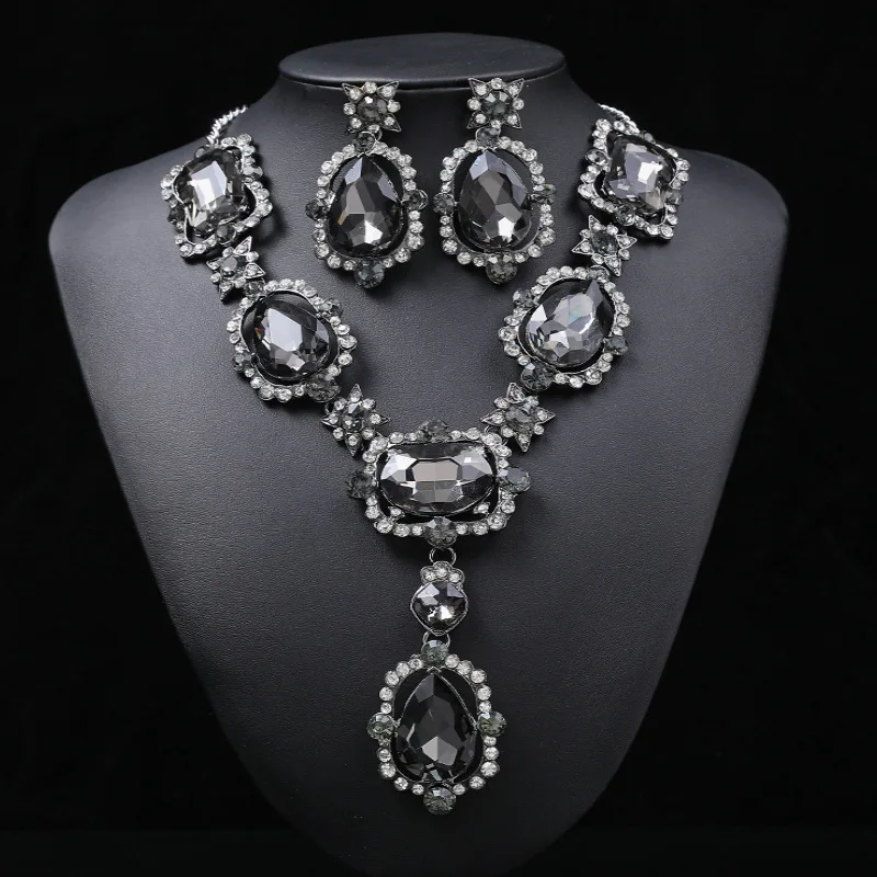 Luxury Big Rhinestone Bridal Jewelry Sets for Women Geometric Crystal Pendant Necklaces Earrings Set Wedding Costume Jewelry Set