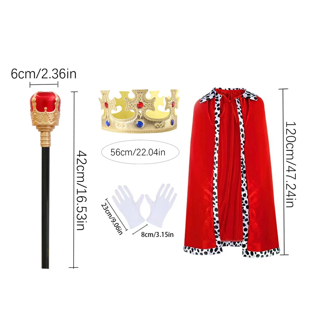 Conjunto de disfraz de rey: corona, capa roja, cetro y guantes, juego de cuatro piezas: perfecto para fiestas de disfraces de rey cosplay.