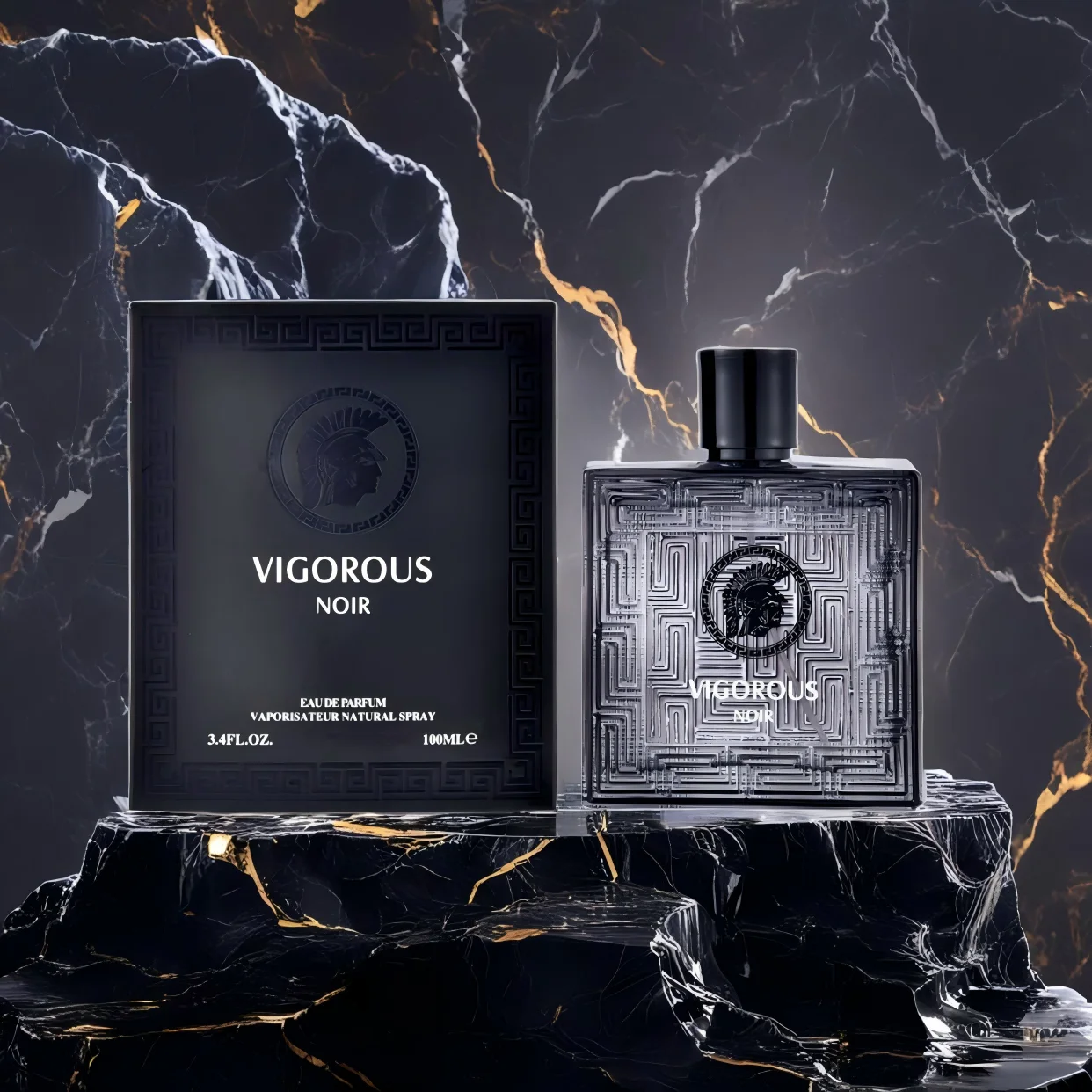 Perfume para Hombre VIGOROUS NOIR, Ideal para Hombres que Buscan una Fragancia Fuerte y Carismática para Ocasiones Especiales o Uso Cotidiano con un Toque de Autoridad, en un Frasco de 100ml.