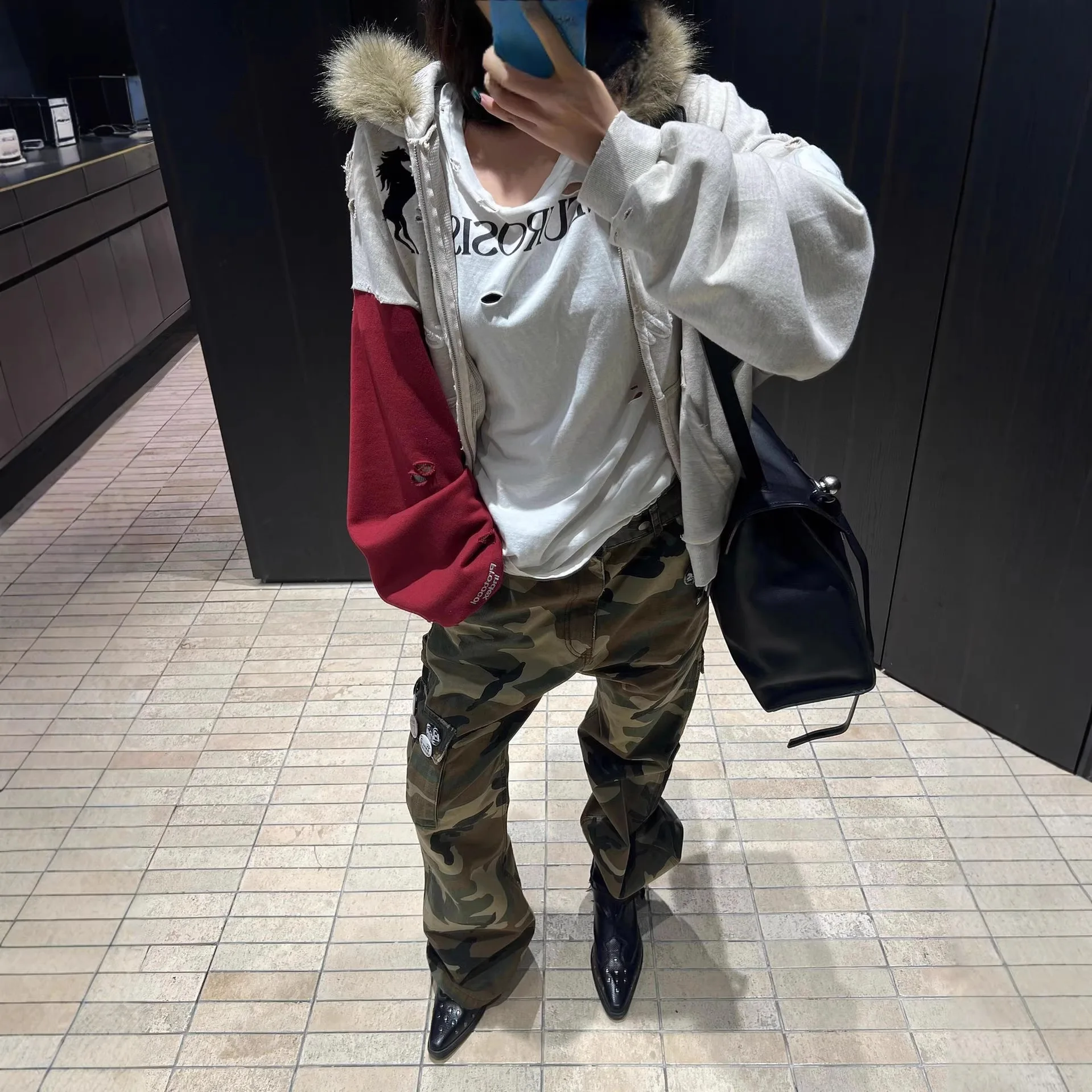 Grailz Project Washed Antique Patchwork Contrasting Fur Collar Warhorse Hooded Zip-Up Sweatshirt for Men and Women Project G/R