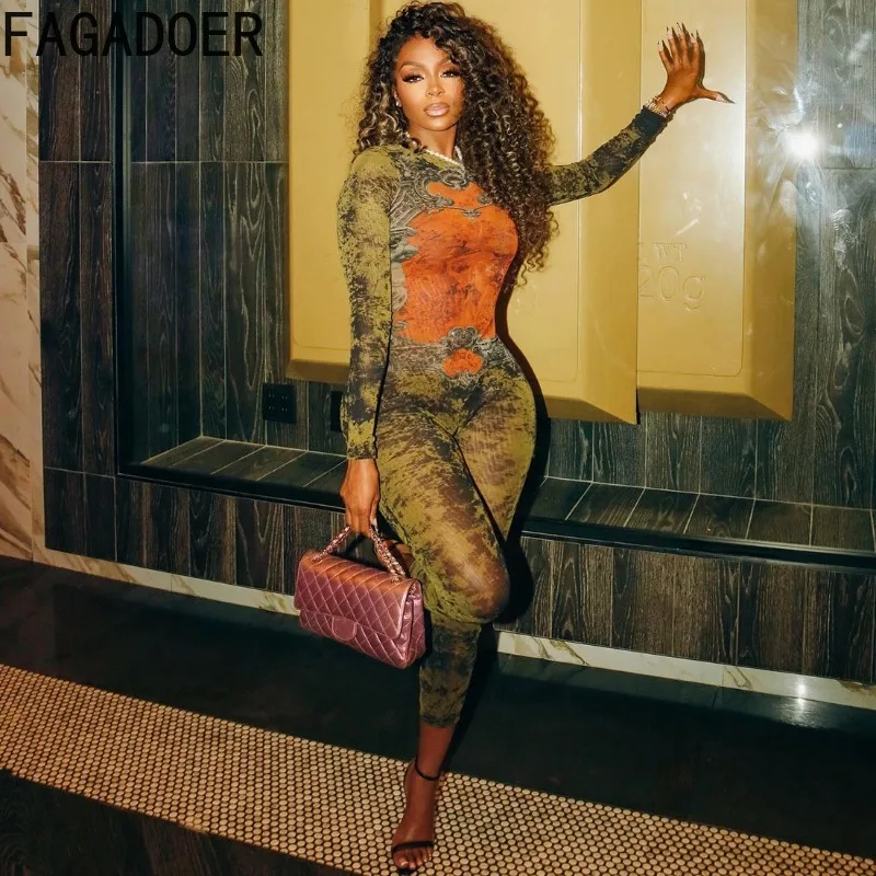 FAGADOER Sexy Aesthetics Print Bodycon Jumpsuit Women Mesh See Through Long Sleeves Rompers Female Streetwear Overalls 2025 New