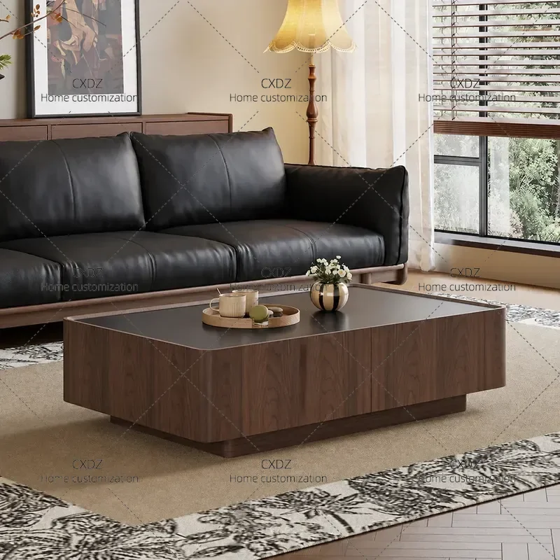 Nordic Modern Rectangular Coffee Table with Large Capacity Storage Walnut Color Rock Slab Top Simple Design for Small