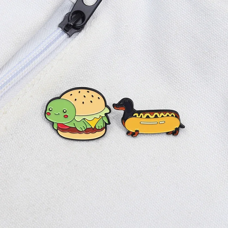 

Cartoon Burger Turtle Hotdog Dachshund Enamel Pins Funny Creative Animal Food Brooches Backpack Lapel Badge Cute Jewelry Gifts