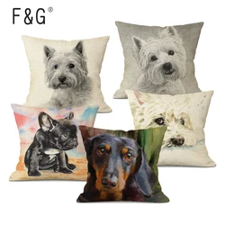 Juste de coussin en lin peinte à la main pour canapé, taie d'oreiller, chien, mignon, bouledogue, décoratif