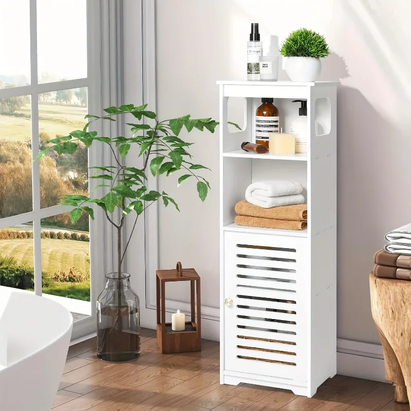 Modern White Narrow Storage Cabinet – 4-Tier Freestanding Open & Enclosed Shelf, Utility Rack for Kitchen, Living Room, Office