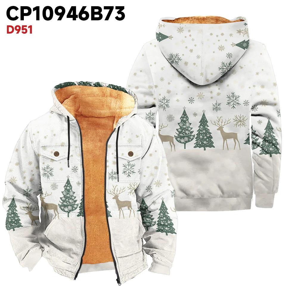 Men's winter jacket with simple Christmas tree and reindeer print, fashionable, avant-garde, thick and warm