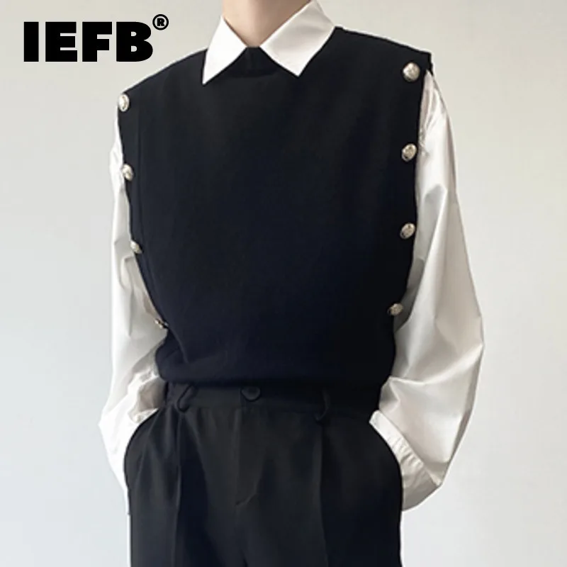 IEFB Menswear Preppy Style Fashion Chic Button Spliced Knitting Pullovers Men\'s New Round Neck Sweater Vest Autumn Winter 2023