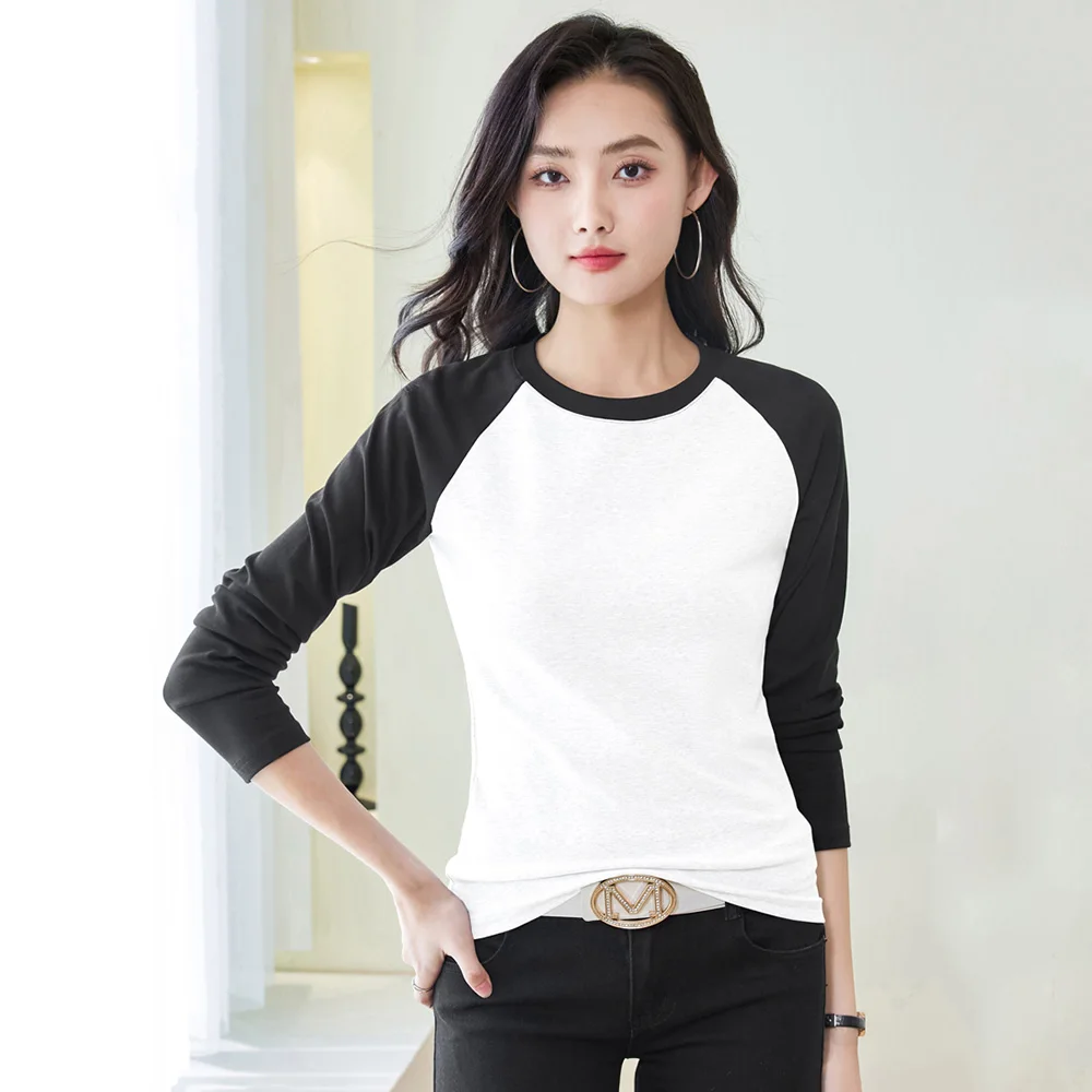 New Women Spring Autumn Cotton T-shirt Fashion O-Neck Long Sleeve Patchwork Slim Tees Casual Basic Easy Match T-shirt