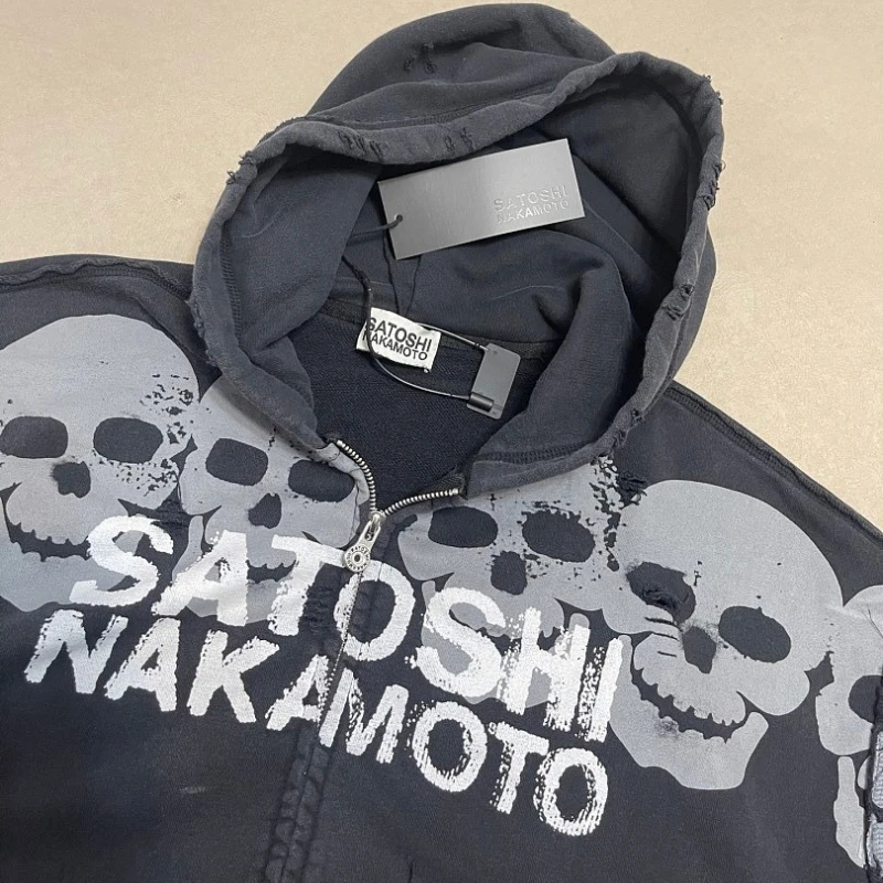 Washed Satoshi Lost Boys Zip Up Hoodie 26SS Skull Flame Print Men Women Vintage Distressed Streetwear Hooded Jacket