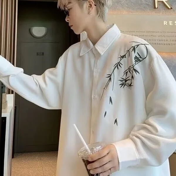 

Spring Large Size Men's Bla Embroidered Casual Long Sve irt Chinese Sle National Trend Spring Autumn Loose Fit