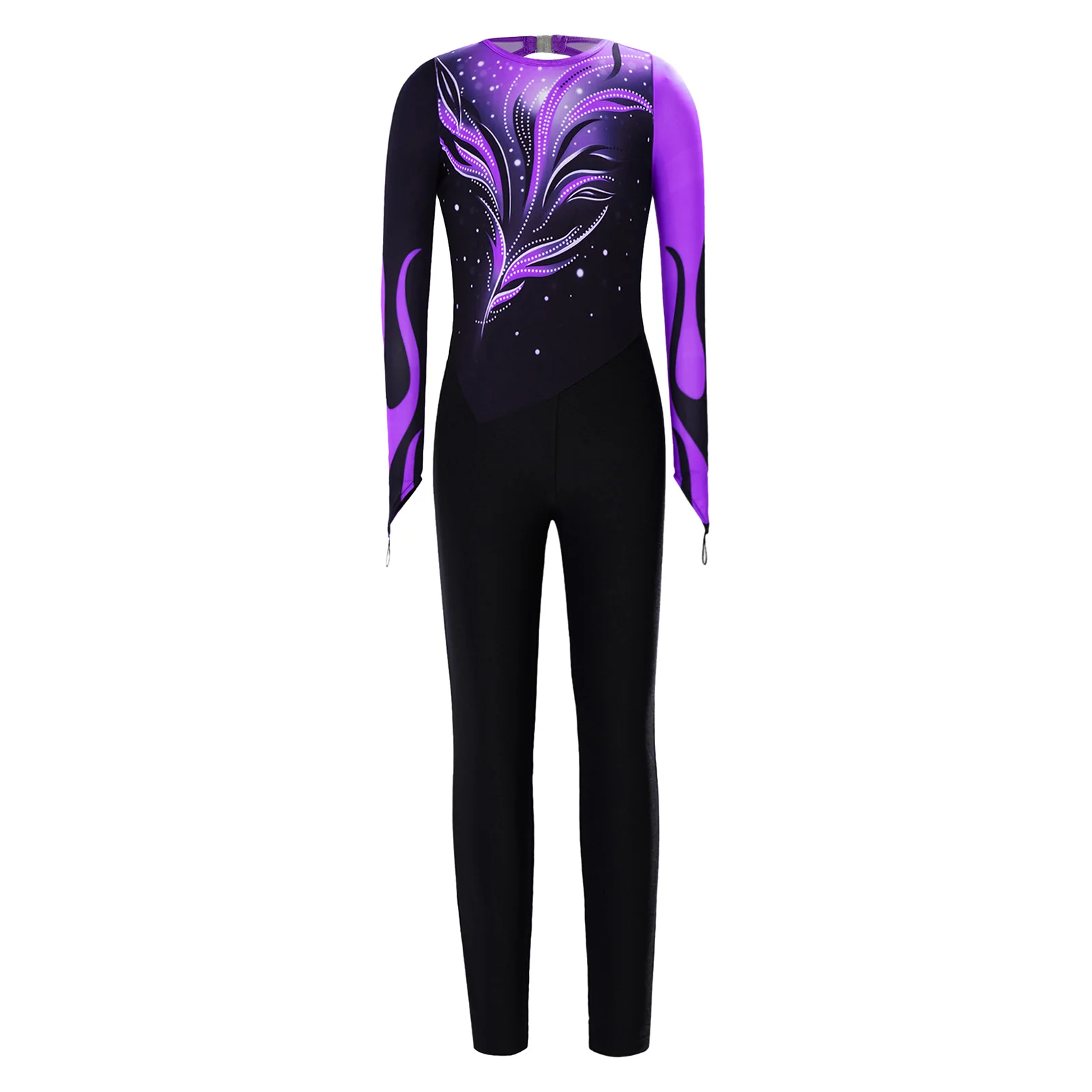 Kids Girls Rhythmic Gymnastics Figure Skating Full Body Leotard Jumpsuit Performance Costume Printed Ballet Dance Bodysuit