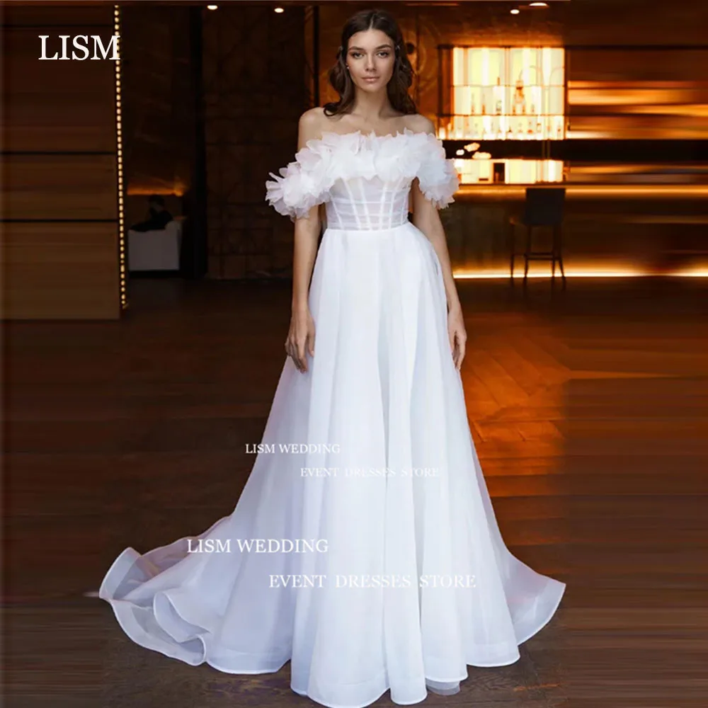 

LISM Elegant Off Shoulder A Line Beach Wedding Dresses Short Sleeve 3D Flower Ruffles Floor Length Custom Made Bridal Gowns