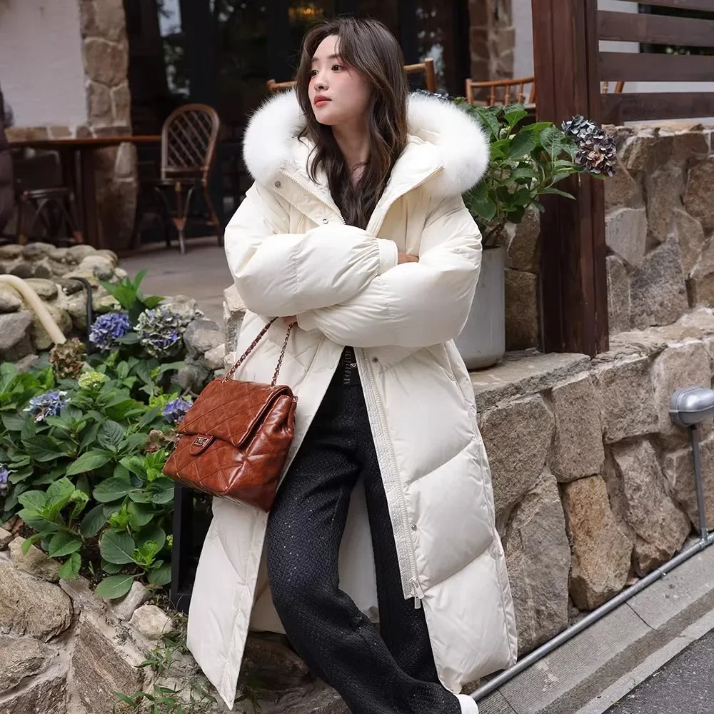 2024 Winter New Goose Down Big Hair Collar White Down Jacket for Women, High end Hooded Mid to Long Size ，Thickened Coat