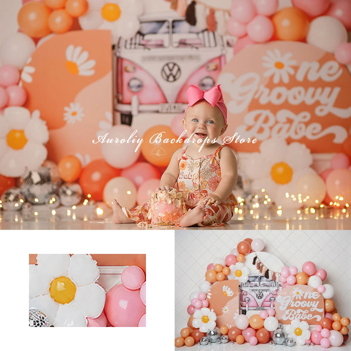 Flower Power Adventure Backgrounds Cake Smash Adult Family Photography Props Child Baby Decors Ranch Wagon Photo Studio Backdrop