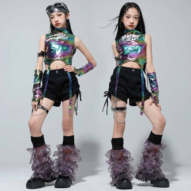 

Girls K-pop Laser Crop Top Street Dance Black Shorts Fashion Hip Hop Shiny Clothes Sets Group Streetwear Jazz Stage Wear Costume