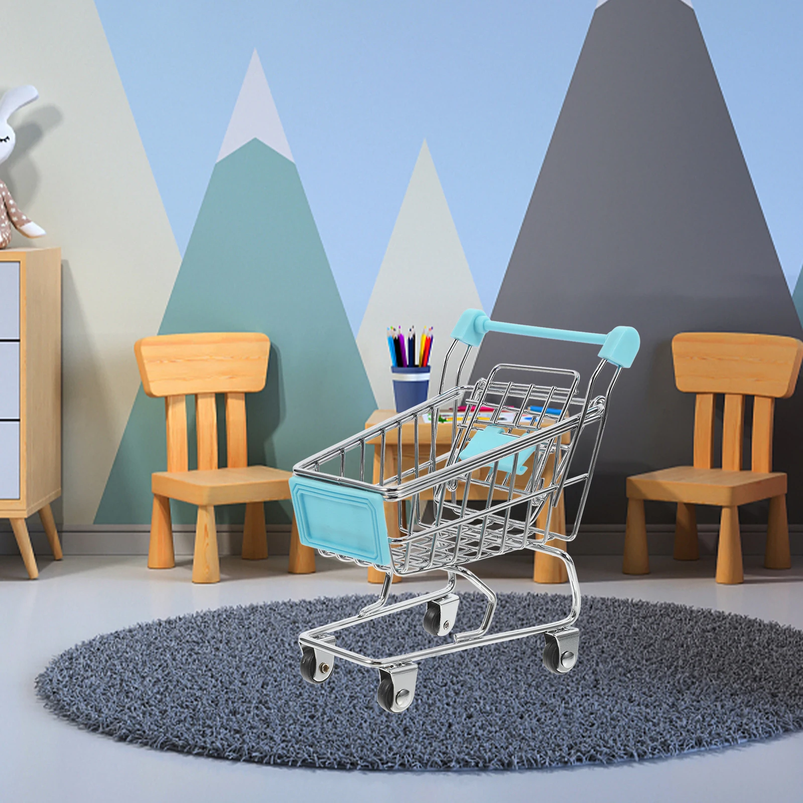 

Mini Shopping Basket Cart Little House Toy Kids Plaything Iron Ornament Desk Small Child Handcart Modeling Decor