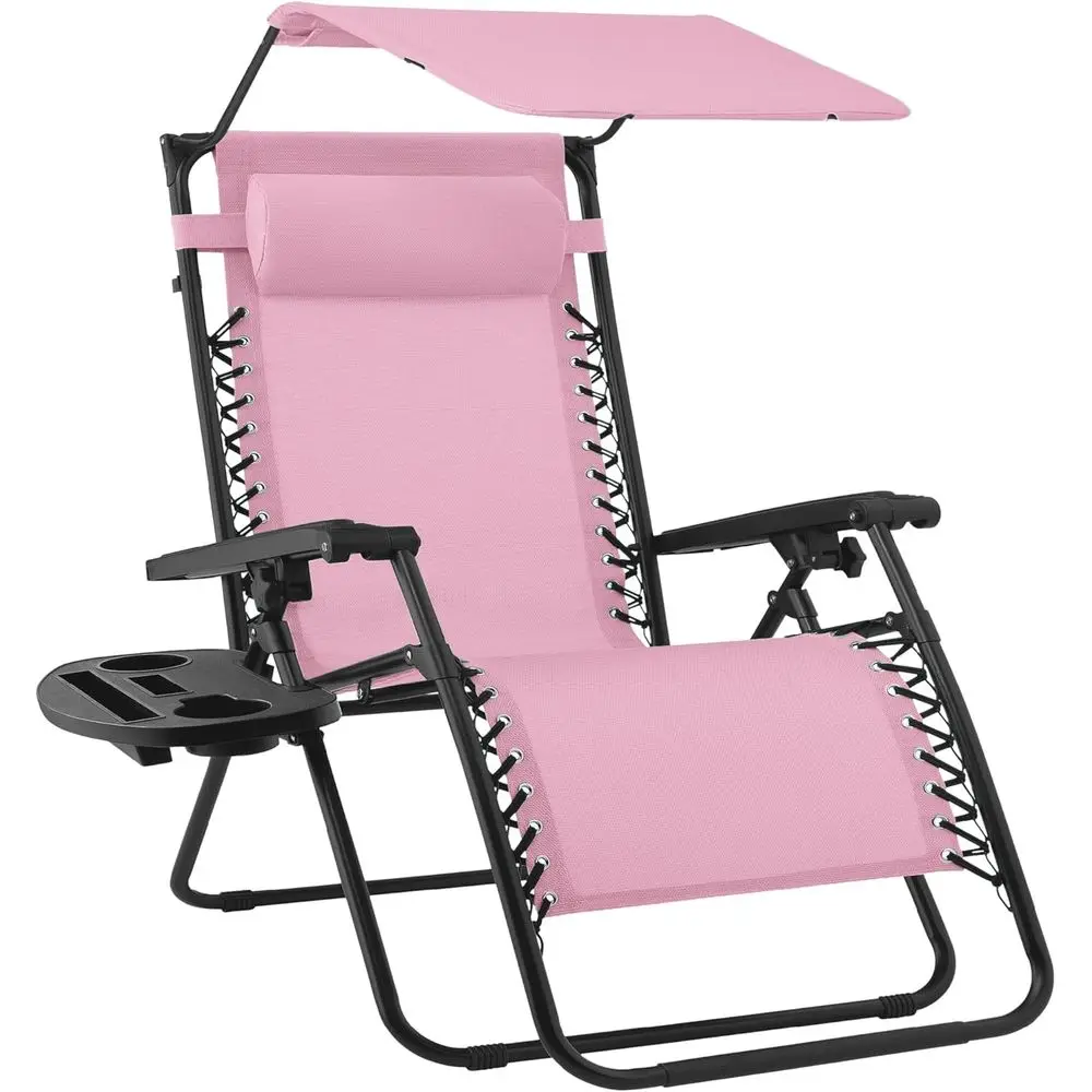 Zero Gravity Outdoor Recliner with Adjustable Shade and Side Tray, Textilene Mesh - Bubblegum Pink