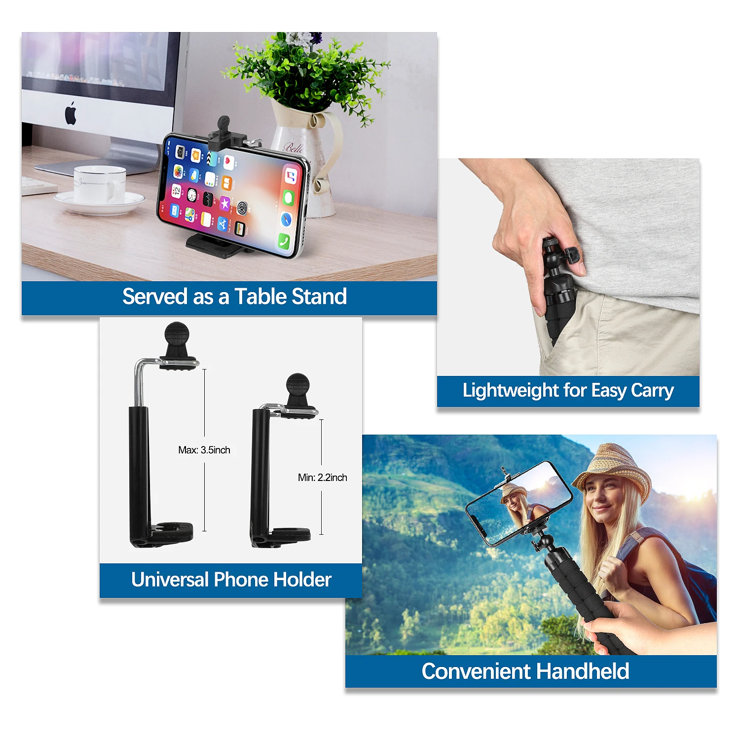 Phone Tripod Mini Flexible Adjustable Cell Phone Tripod Stand Holder with Remote and Universal Clip for iPhone Android Camera