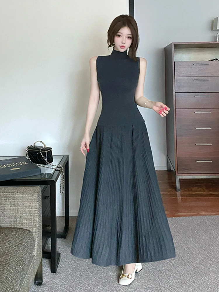 

Осенний вязаный комплект, черный пуловер без рукавов с открытыми плечами, свитер, топ с высокой талией, тонкая трикотажная юбка трапециевидной формы, офисный наряд из двух предметов