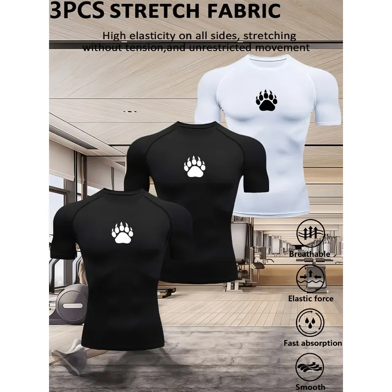 3PCS Men's Compression Short Sleeve T-Shirt High Elastic Quick Dry Athletic Base Layer Workout Top Sports Tight Fit Training