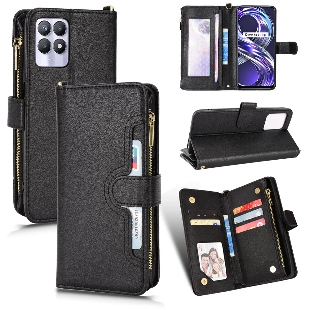 

Multi-card slot Luxury Leather Zipper Flip Wallet Case For Realme 8i Card Holder Stand Phone Cover For OPPO Realme 8 I RMX3151