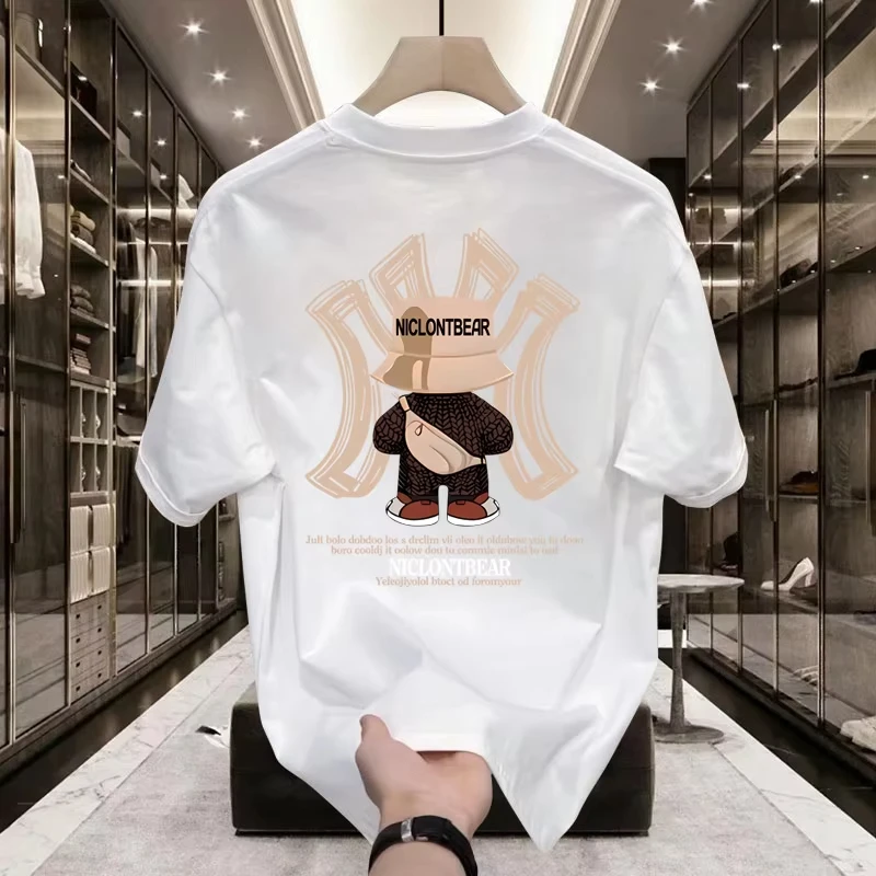 Fashion Bear Print Heavy Cotton Round Neck Short Sleeve T-shirt Men's Summer American Fashion Brand Ins Half Sleeve Loose Top