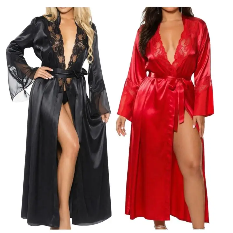 

Sexy 3 Piece Lingerie Set Women Red Sheer Lace Long Robe With Belt And Thong Ultra Long Black Satin Transparent Nightgown Suit
