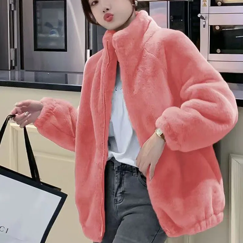 Biyaby Winter Stand-Up Collar Faux Fur Coats Woman Korean Thicken Plush Warm Jackets Ladies Streetwear Long Sleeve Overcoat