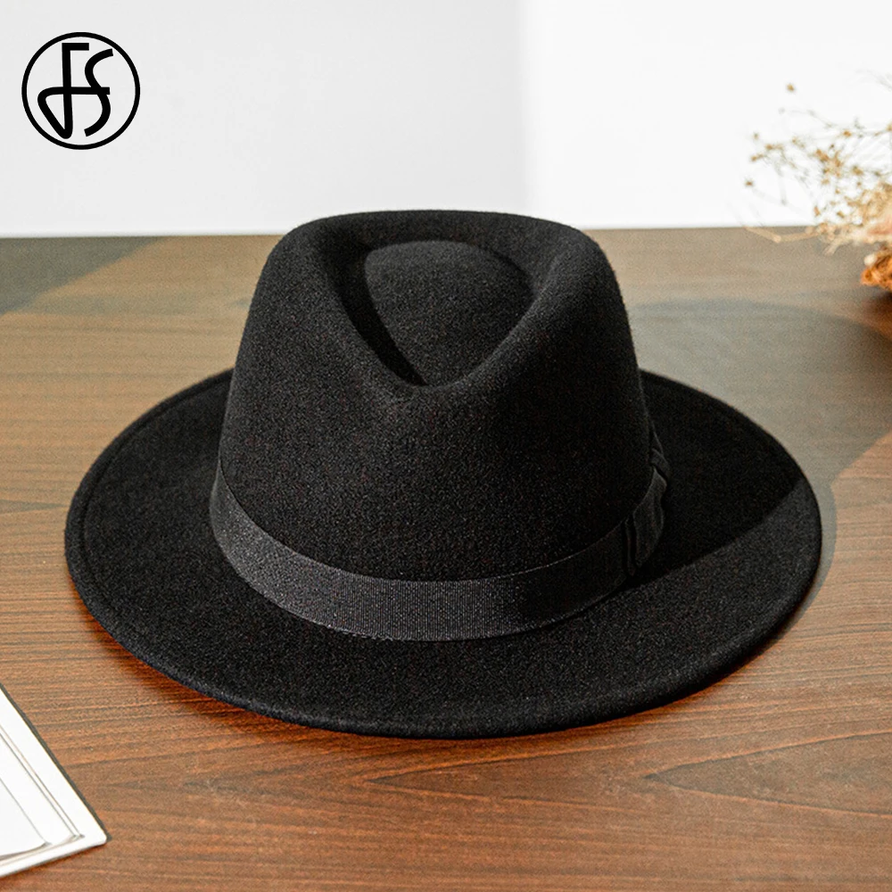 FS French Gentleman Black Jazz Hats for Men With Ribbon Panama Cap Wool Felt Fedoras Wedding Party Trilby Hat Women Unisex