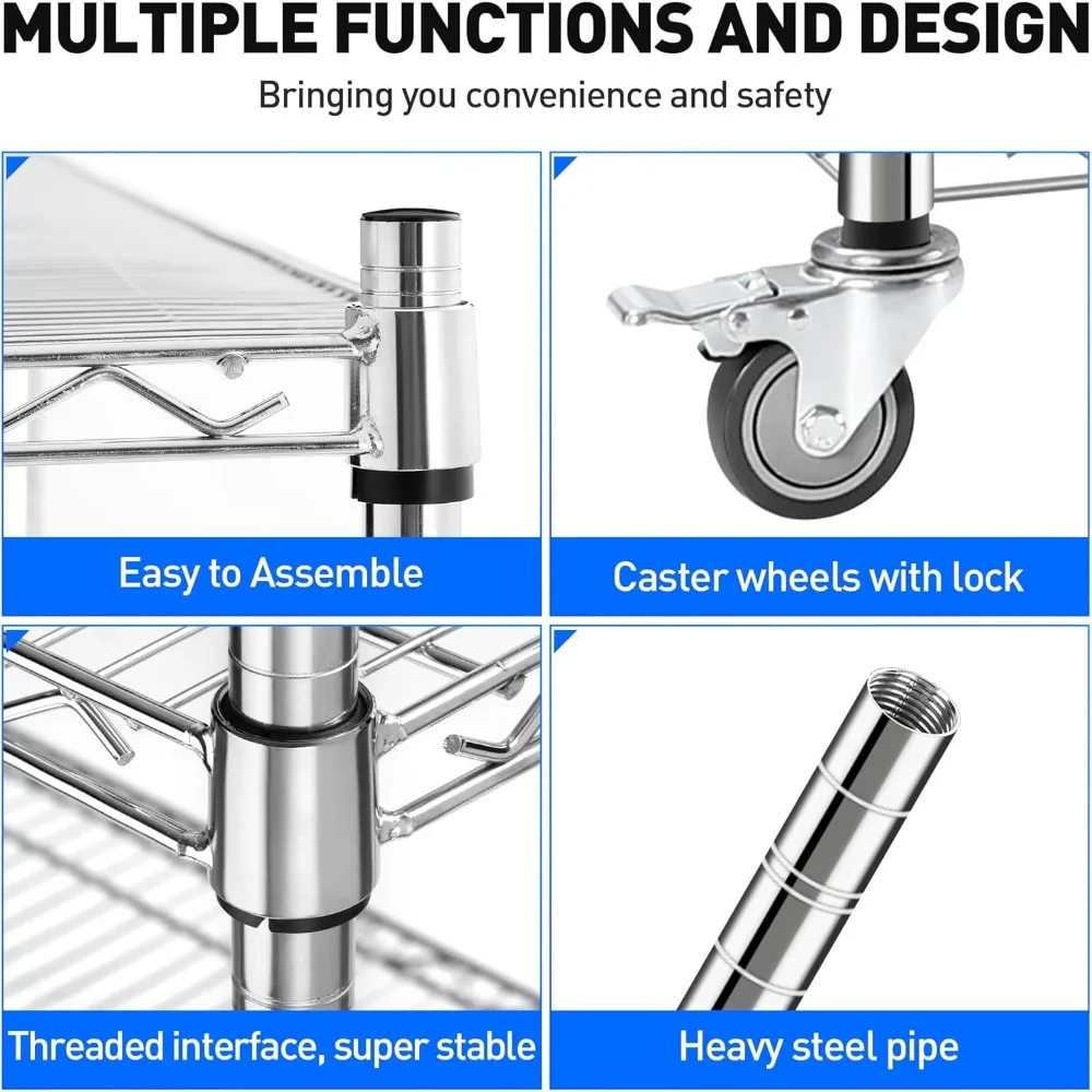 Prateleiras de arame com rodas, prateleiras de armazenamento de metal de 60" x 24" x 72", prateleiras de armazenamento de garagem resistentes de 4 camadas