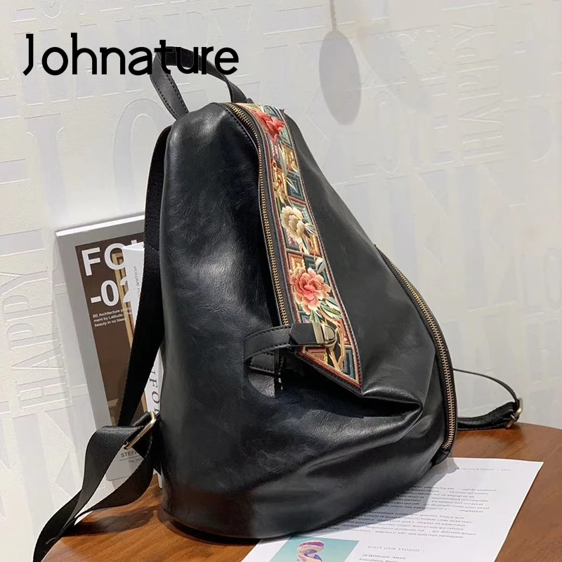 

Johnature 2024 New Chinese Style Embroidery Bag High Quality Pu Leather Women Backpack Vintage Large Capacity Female Travel Bags