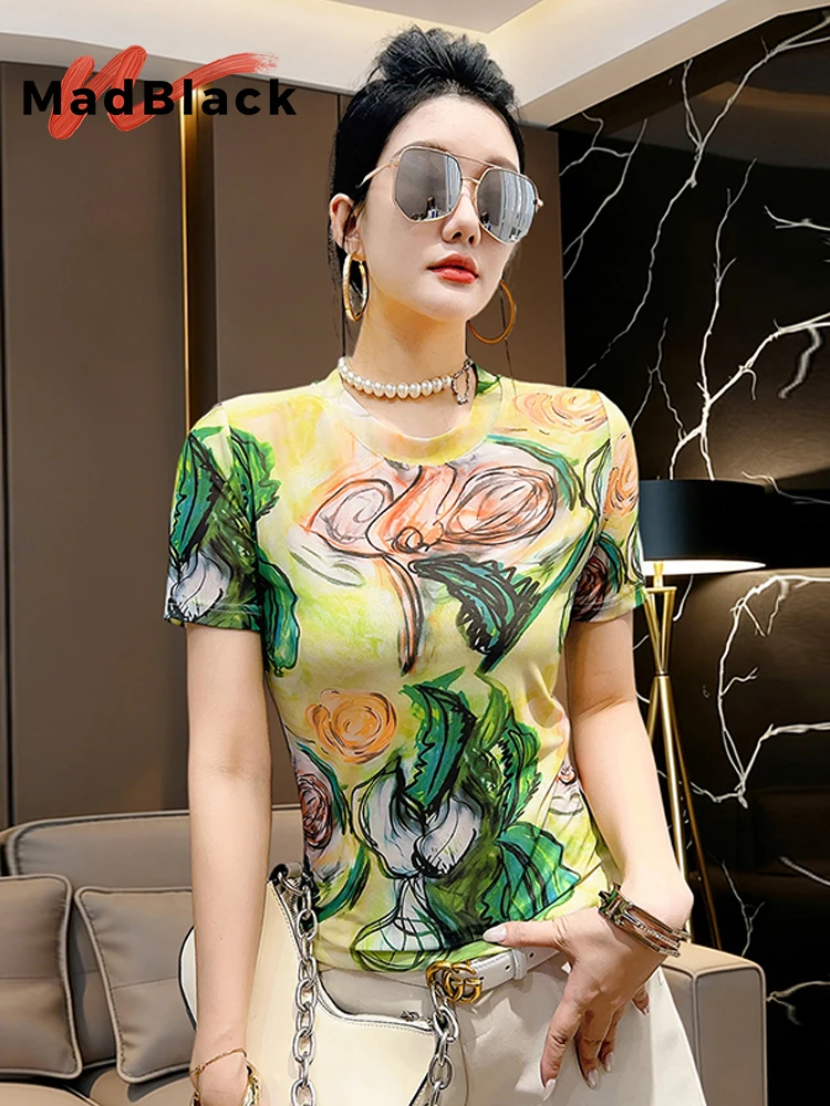 MadBlack-Women European T-Shirt, Sexy O Neck Geometry Print, Fashion Short Sleeve Slim S-3XL Thin Tee, 2026 Summer New T65407CC