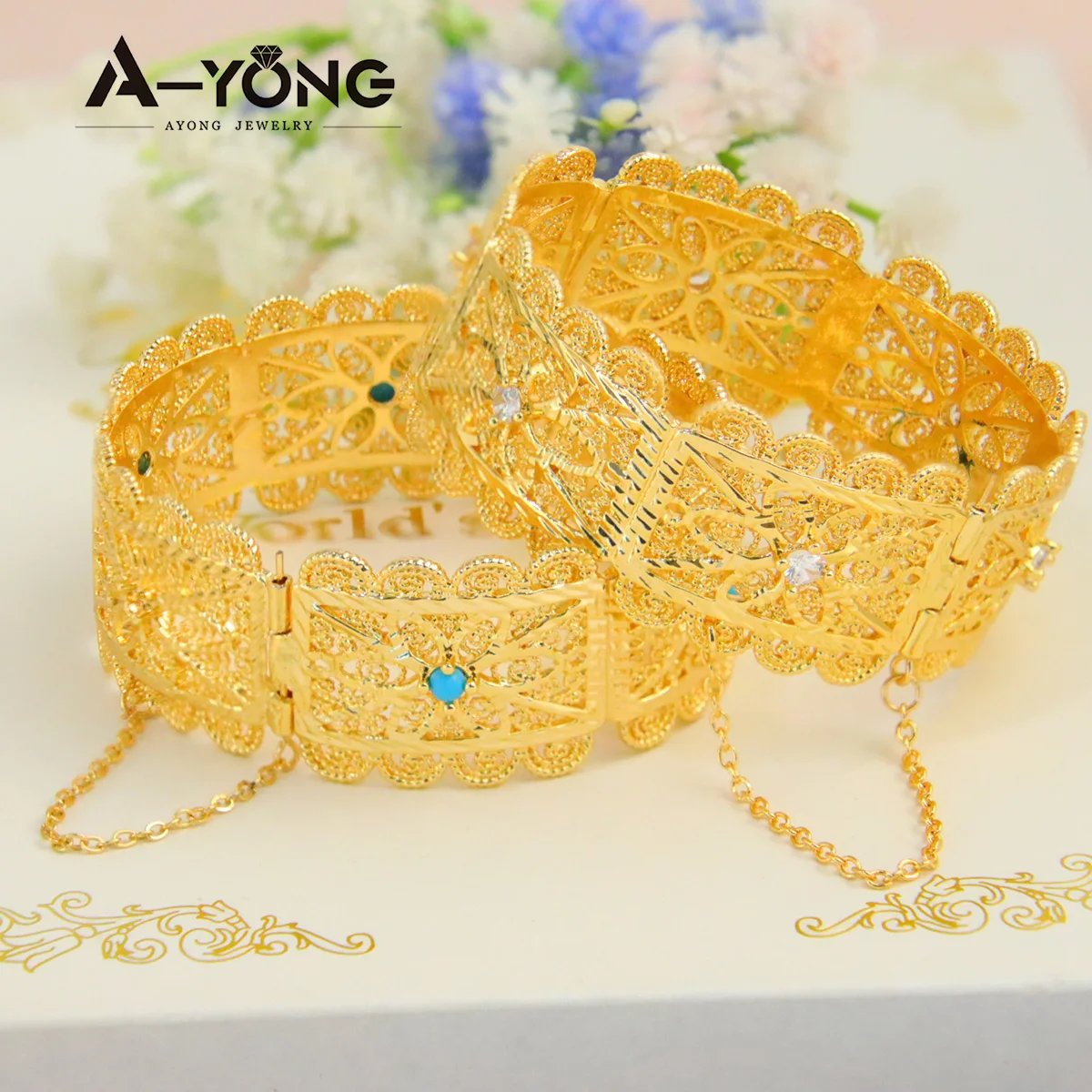 Algeria Wedding Bridal Gold Bracelet 21k Gold Plated Royal Cuff Bangles Dubai Women Luxury Engagement Ramadan Jewelry - Image 3