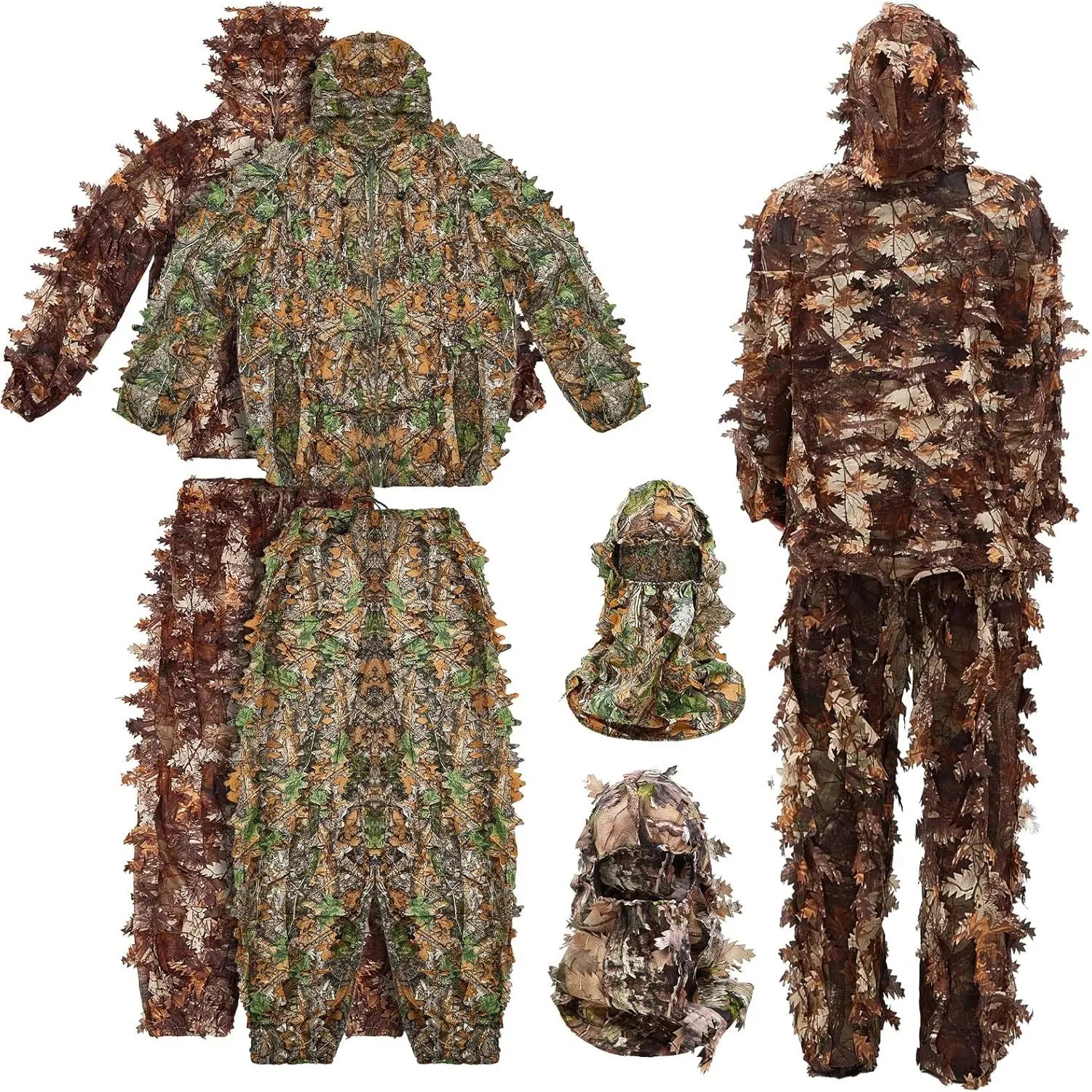 2 Pack Ghillie Suit 3D Leaf Camouflage Hunting Suit Ghillie Camouflage Leaf Hat and Full Face Mask Ghillie Hunting Suit Pants