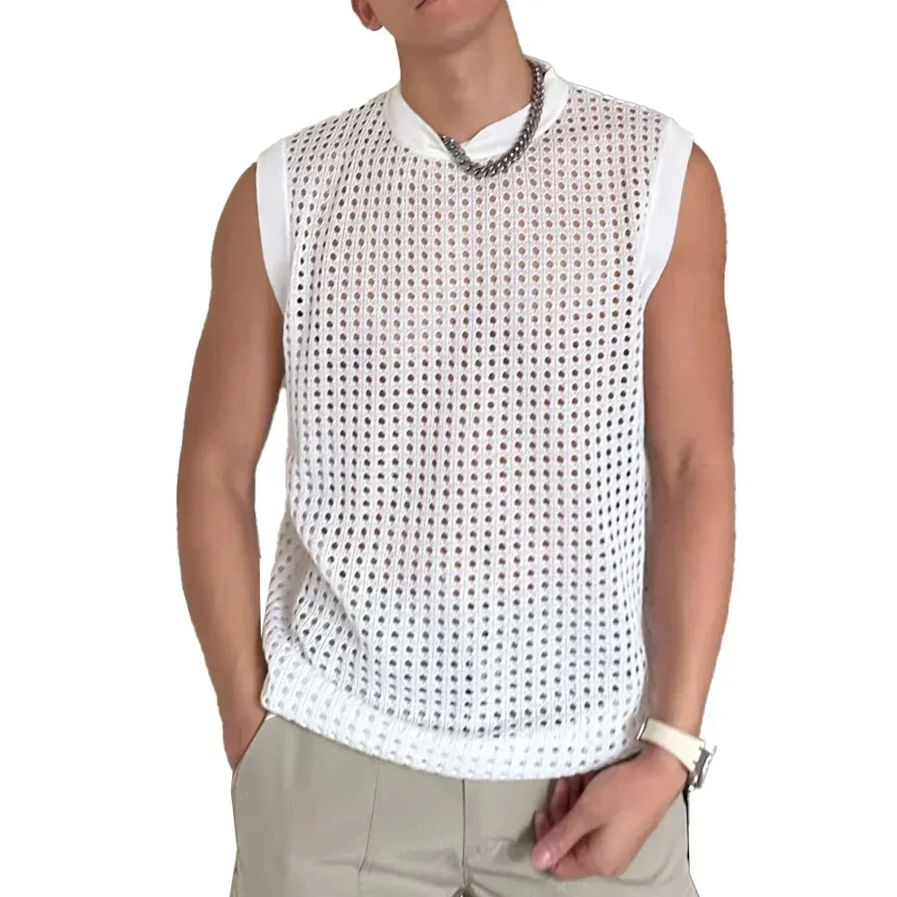 

For Men For Summer Wear Sleeveless Tank Korean Style Vests Black Mens Mesh Hollow Vests Bodybuilding Regular Length