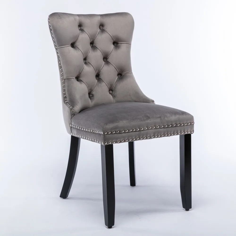 Set da 2 sedie da pranzo moderne con rivestimento in velluto, seduta con bottoni decorativi, gambe in legno massello e dettagli con borchie. | Set di sedie laterali da pranzo di alta qualità