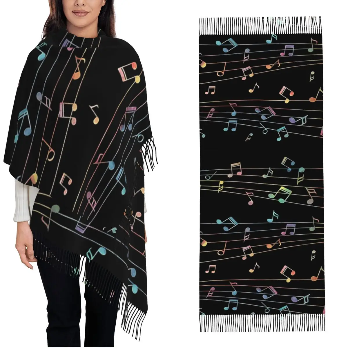 

Красочный шарф с музыкальными нотами для женщин, теплые зимние шали из пашмины и длинные шарфы с кисточкой для вечернего платья
