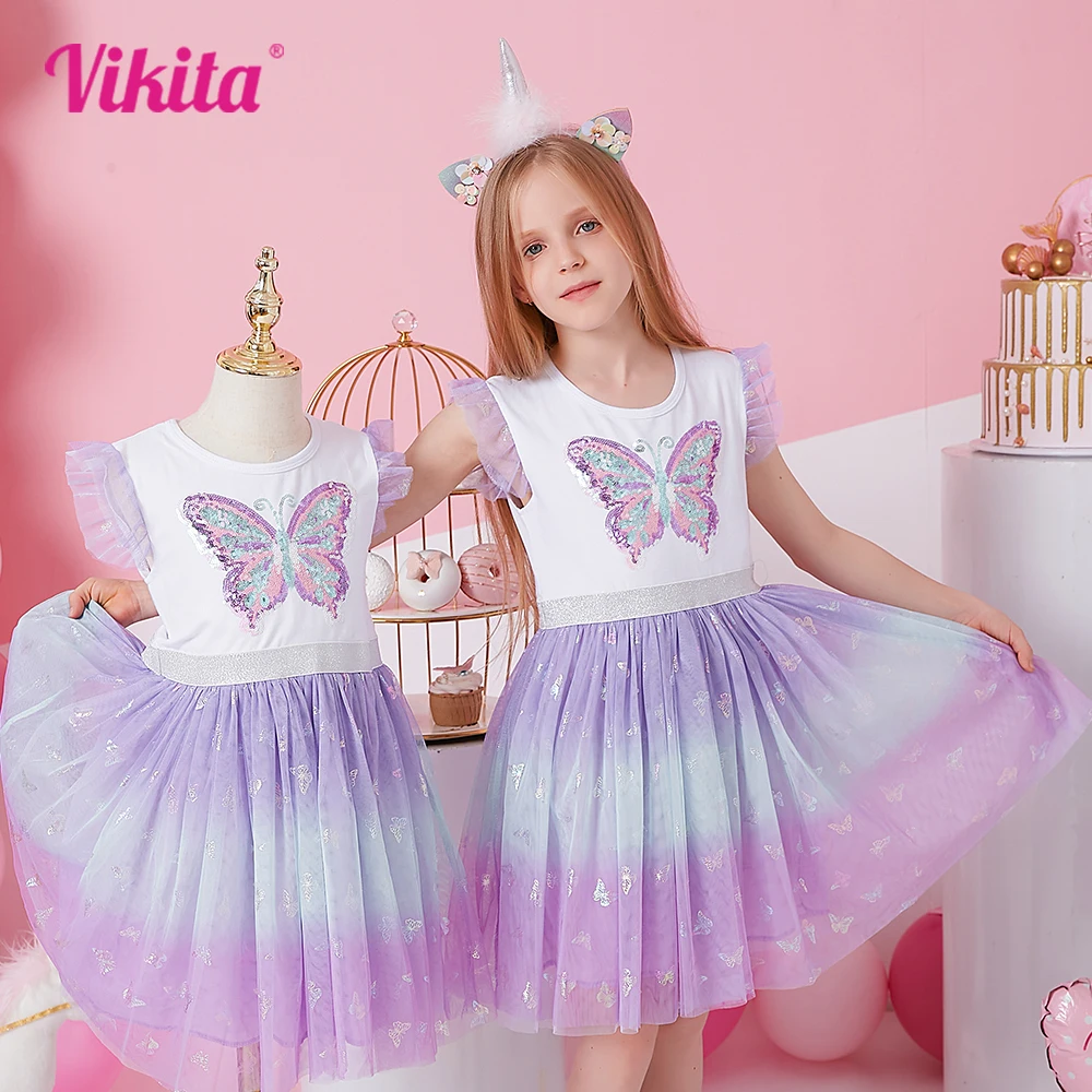 

VIKITA Kids Butterfly Sequined Appliqued Dress Girls Flare Sleeve Summer Vestidos Girl Gradient Princess Birthday Party Costumes