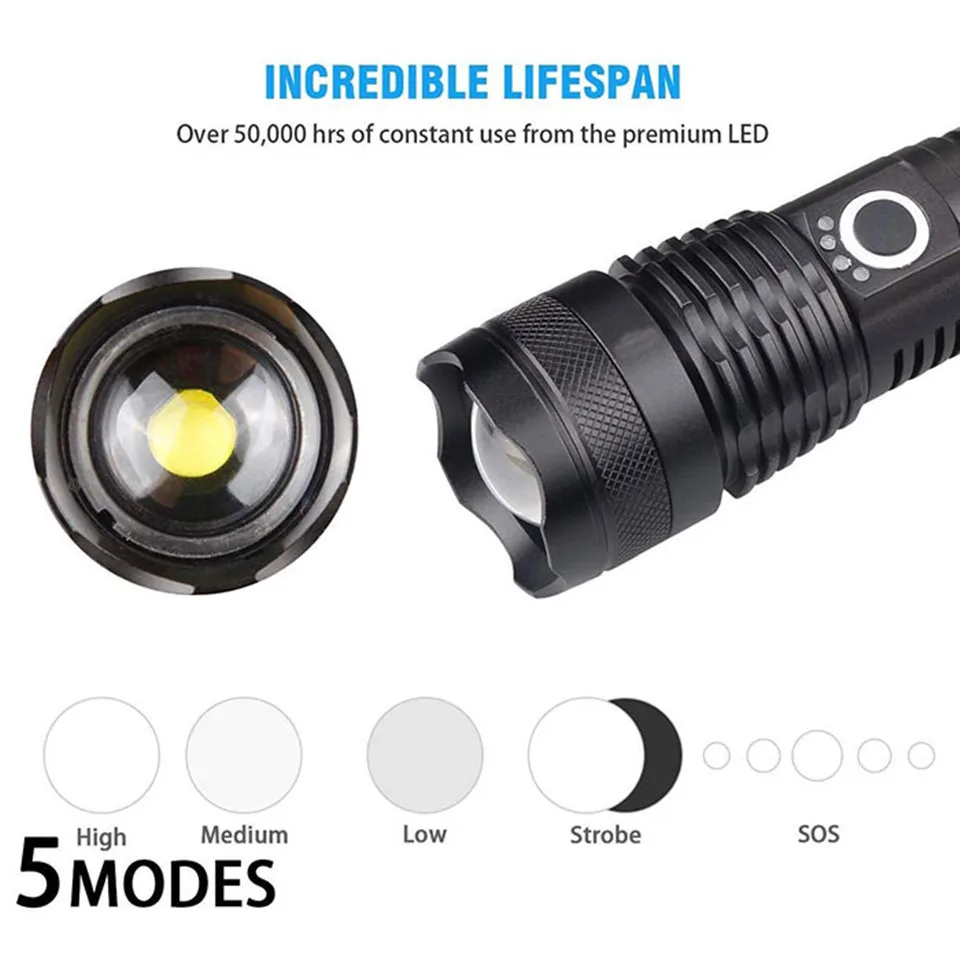 Powerful xhp70LED Tactical Flashlight 5 Modes USB Zoom Waterproof 18650 or 26650 Battery Best for Camping Outdoor Emergency